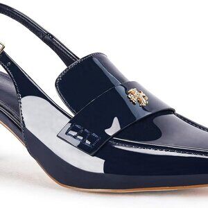 Women's Faux Leather Pointed Toe Sandals Slip On Kitten Heel Shoes Navy 7